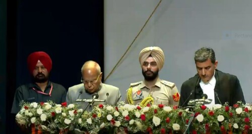 Punjab Governor Mr. Banwarilal Purohit administering the oath to P&HHC Chief Justice Mr. Sheel Nagu.