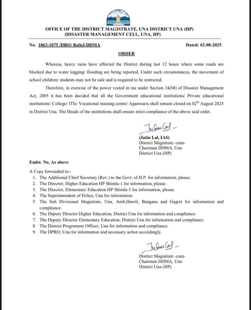 holiday declared in district una due to heavy rain